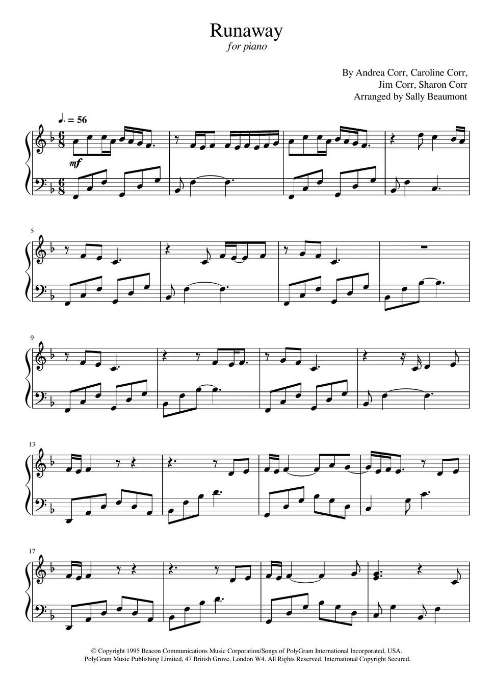 The Corrs Runaway (Piano) Sheets by Sally Beaumont