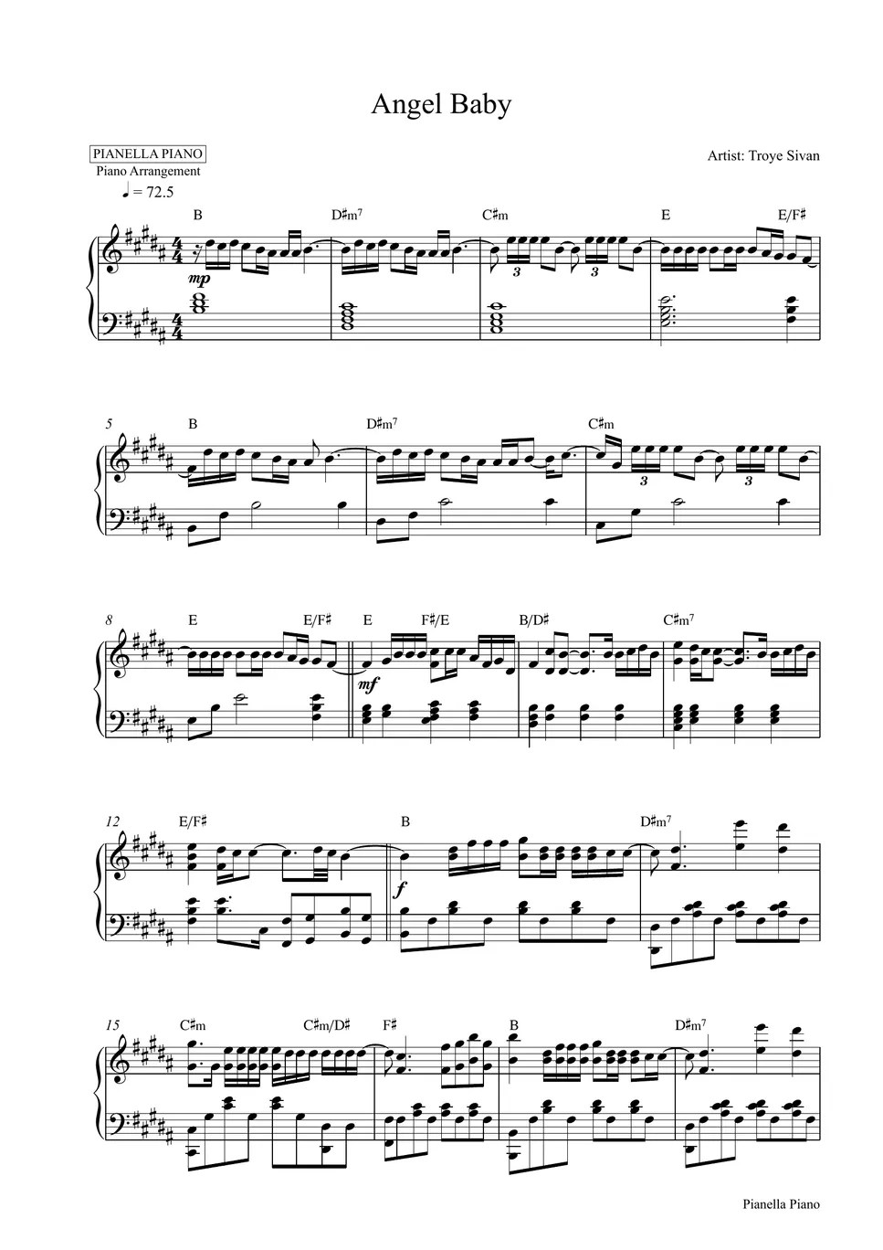 Troye Sivan Angel Baby (Piano Sheet) Sheet by Pianella Piano