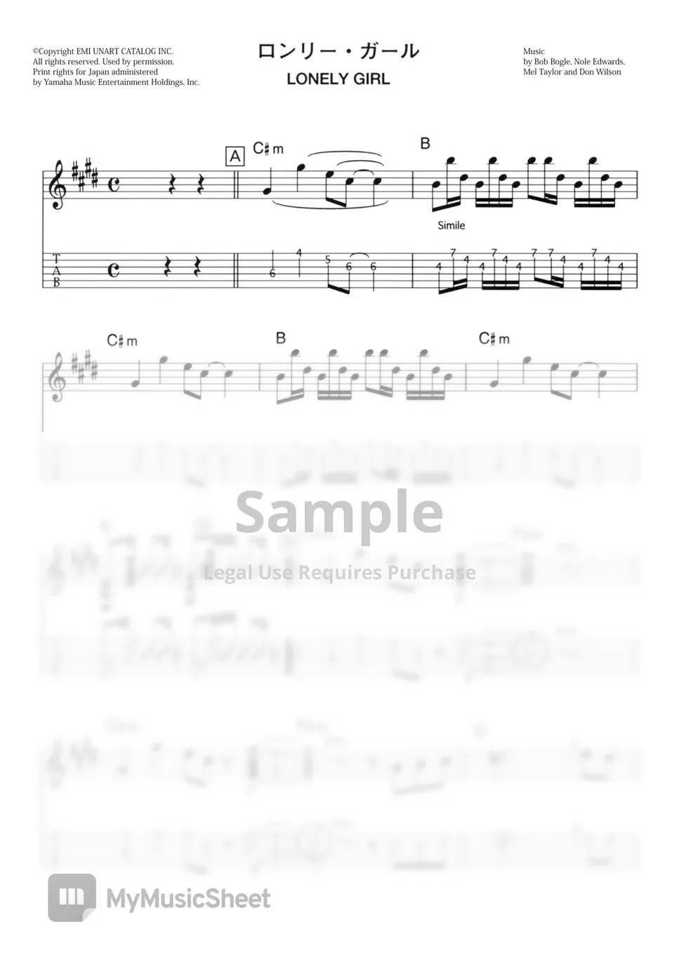 THE VENTURES LONELY GIRL (VENTURES SOUND ELECTRIC GUITAR) Sheets by