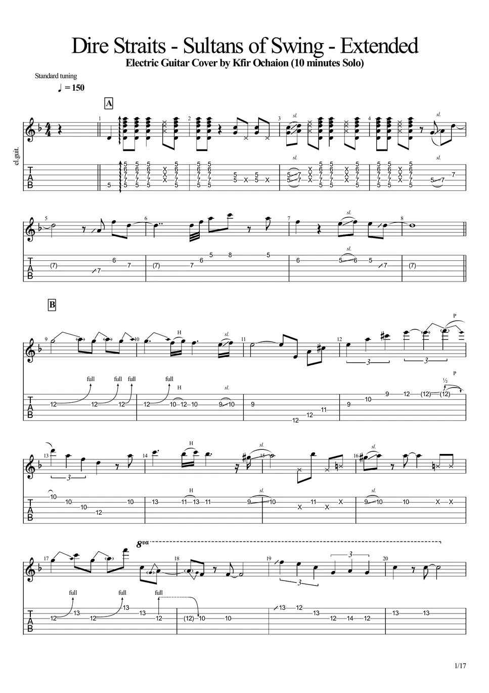 Dire Straits Sultans Of Swing Extended Tab + 단선 악보 by Kfir Ochaion