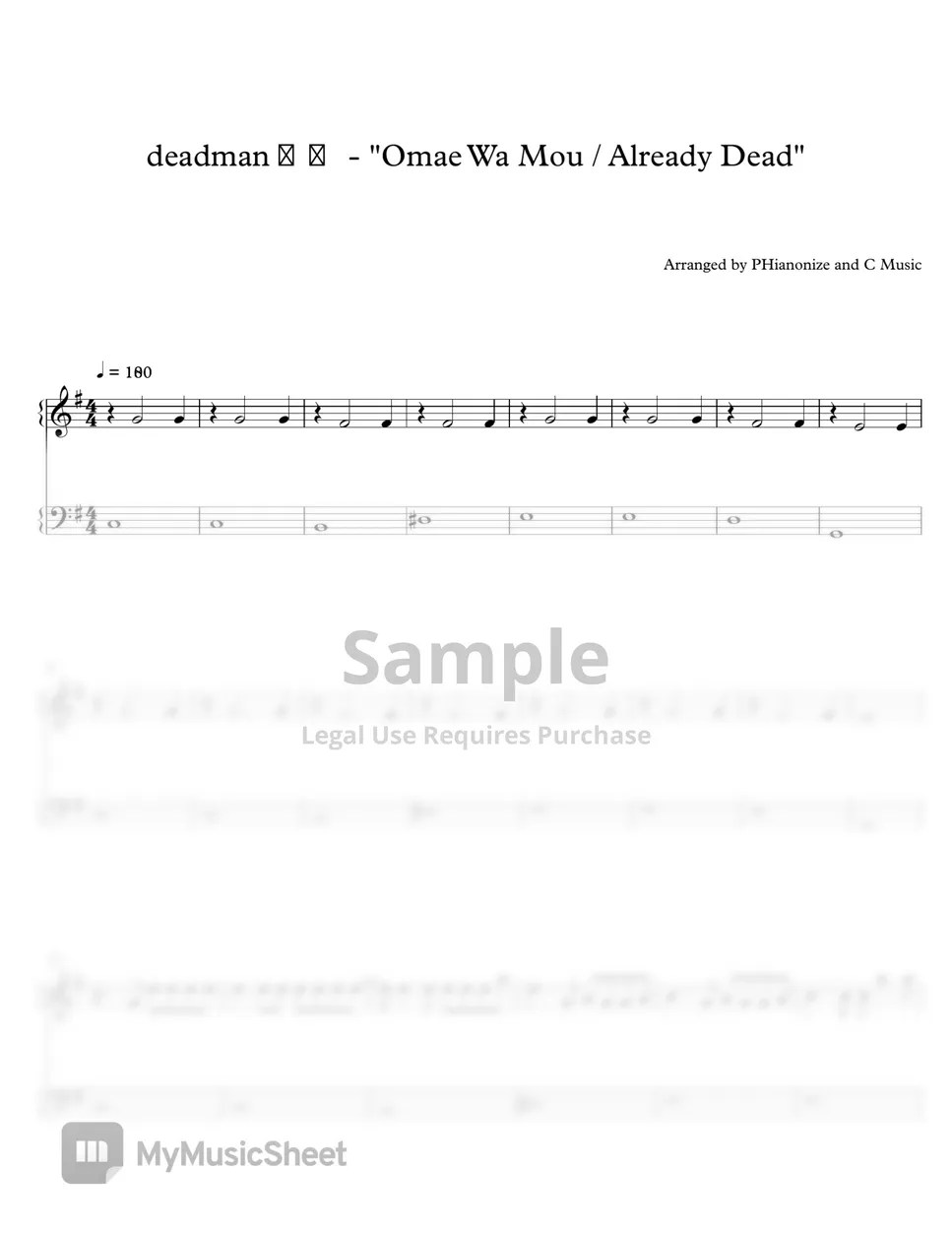deadman 死人 Omae Wa Mou Already Dead Full Score (Easy Version) 악보 by