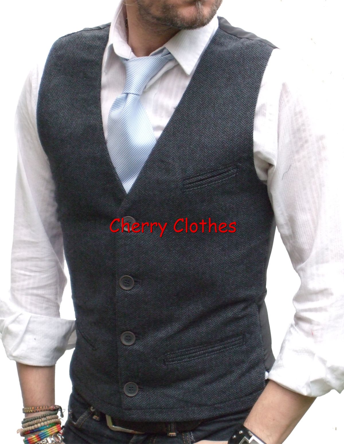 MENS SLIM FIT BLUE HERRINGBONE TWEED WAISTCOAT VEST ALL SIZES XS S M