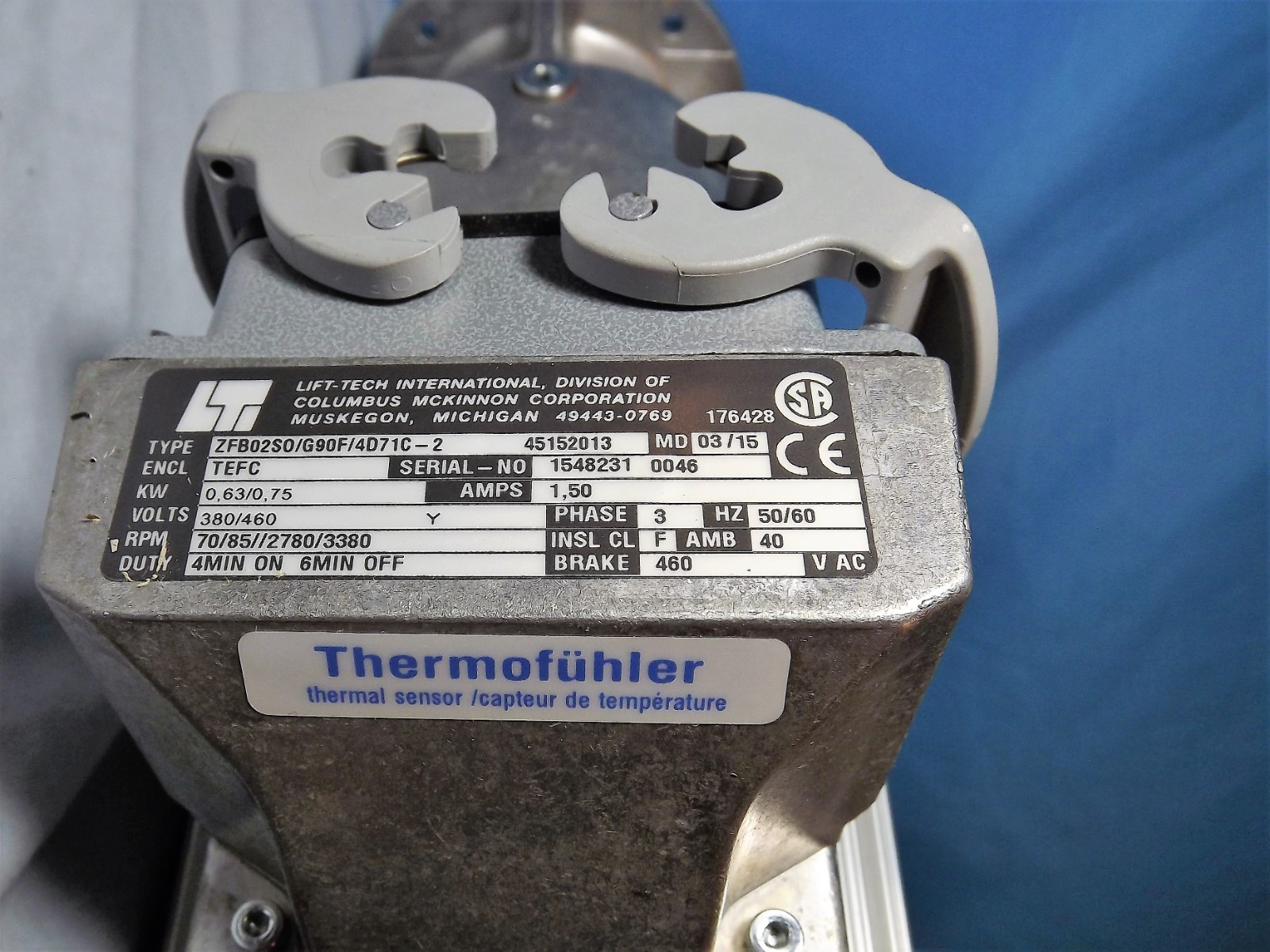 LTI Lift Tech Electric Gear Motor ZFB02SO/G90F/4D71C2 With Thermal