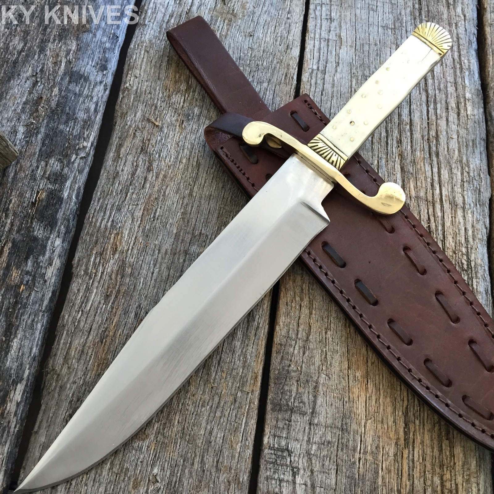 15" CLASSIC Bowie Hunting Knife Carbon Steel, Leather Sheath BONE NEW