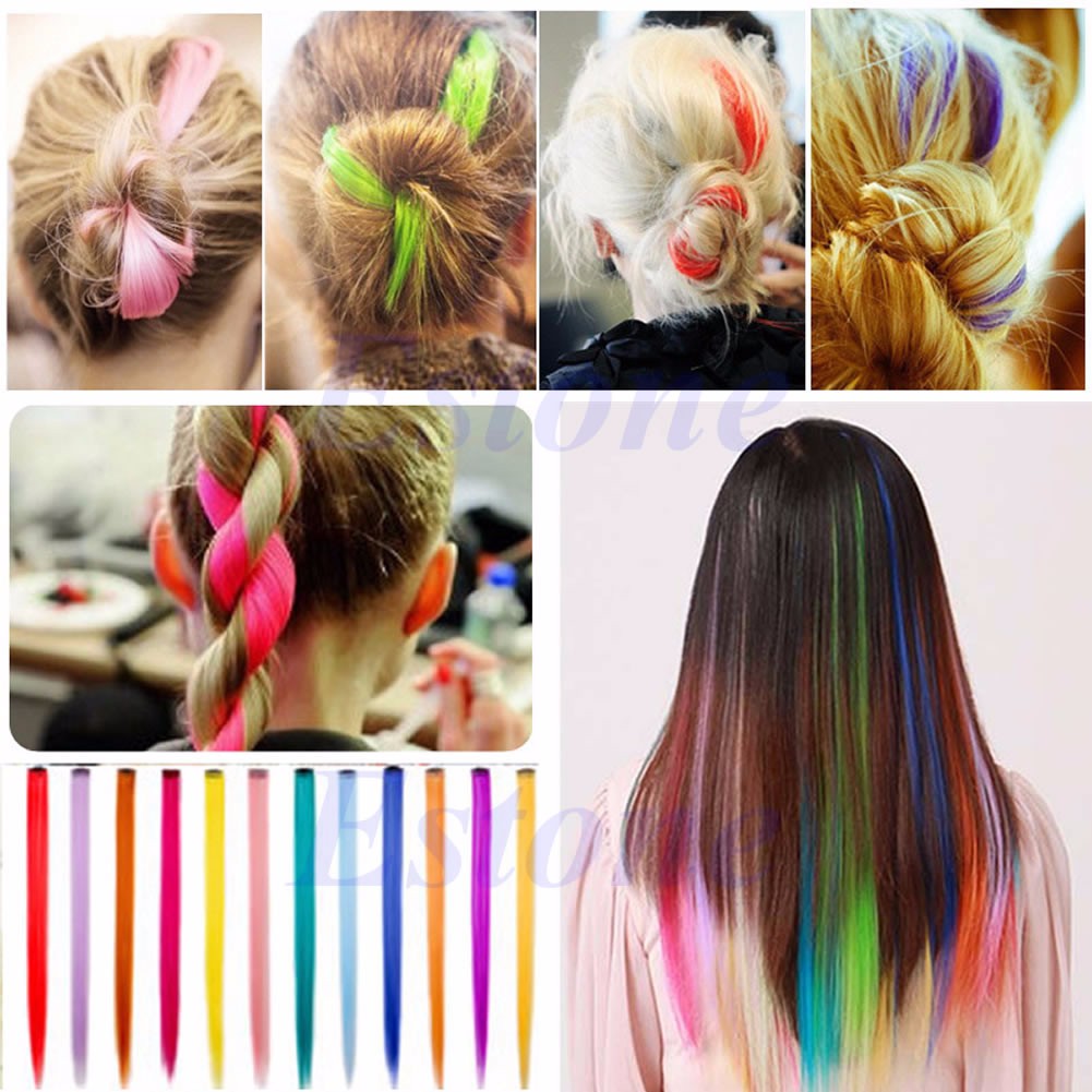 Women Multi Color Fake Hair Long Straight Synthetic Clip in on Hair