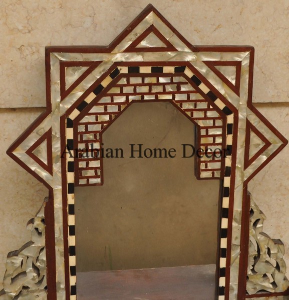 Moroccan Middle Eastern Islamic Mother of Pearl Wood Wall Shelf Mirror