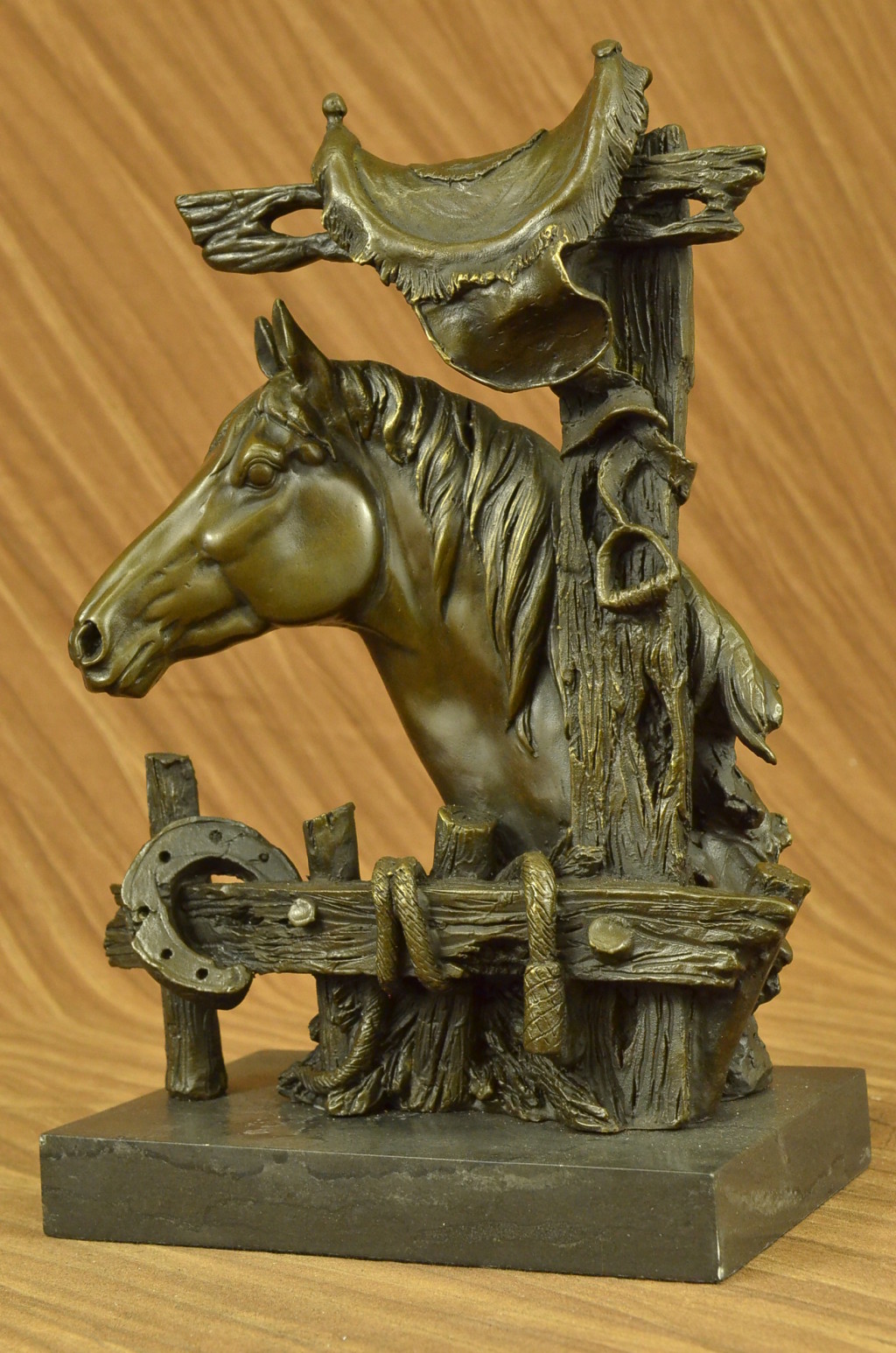 VINTAGE BRONZE REALMETAL SADDLE HORSE STATUE MARBLE BASE EUROPEAN