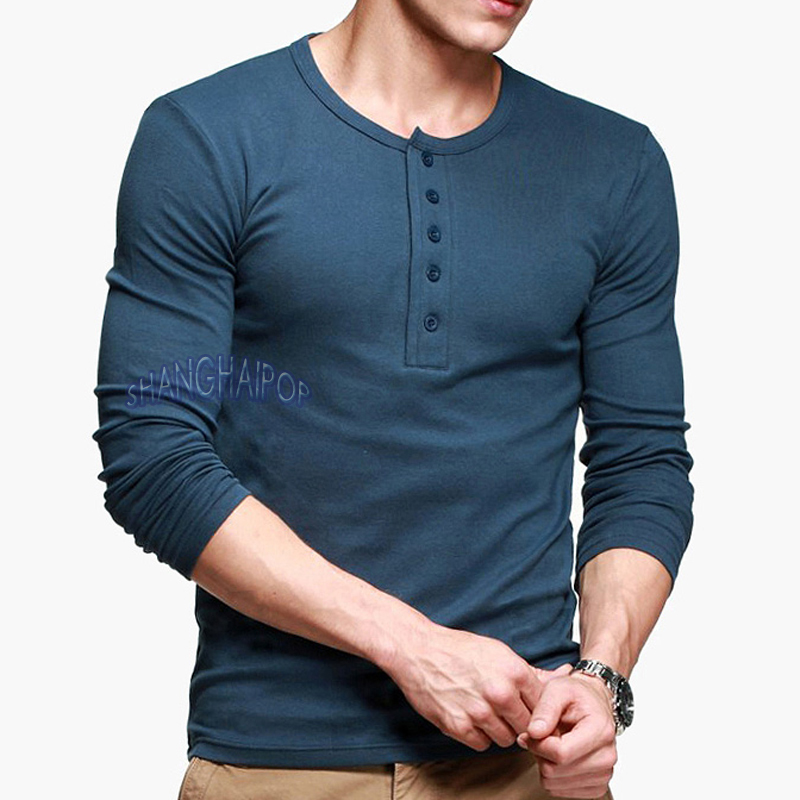 Button Neck Henley Tshirt Men Dexter Long Sleeve Solid Tee Slim Fit