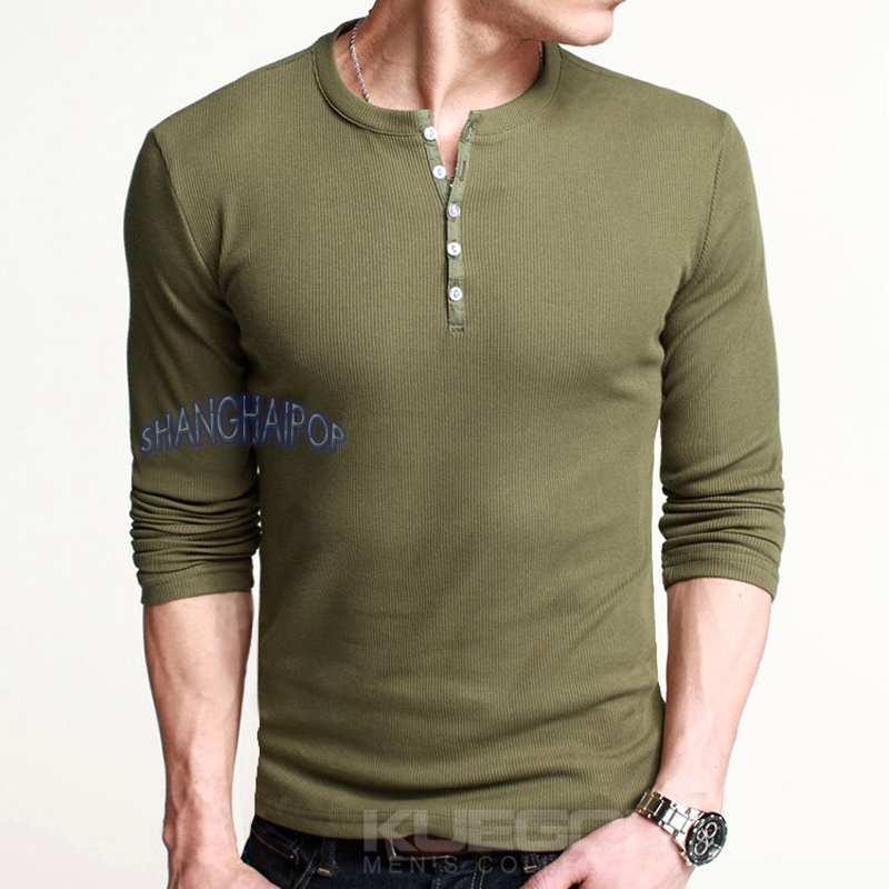 Men Henley Tshirt Button Neck Dexter Long Sleeve Tee Slim Fit Black