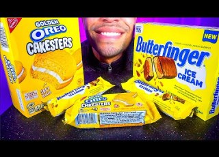 ASMR GOLDEN OREO CAKESTERS BUTTERFINGERS ICE CREAM BARS EATING SOUNDS CANDY JERRY