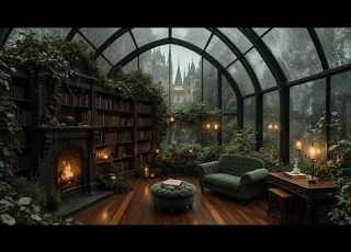 Studying In A Rainy Glass Library Dark Academia Piano Fireplace Ambience For Reading And Writing