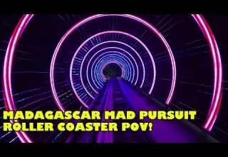 Madagascar Mad Pursuit Roller Coaster Front Seat POV Low Light Motiongate Dubai Rollercoaster