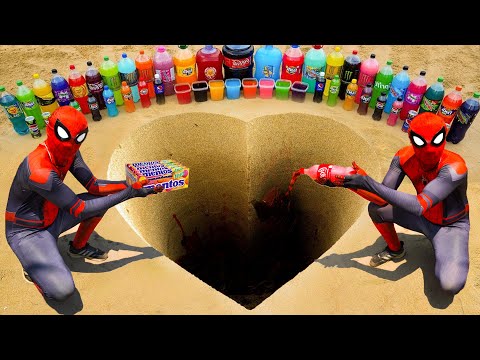 Spiderman Big Toothpaste Eruption From Heart Pit Giant Coca Cola Mirinda Orbeez Fanta Mentos