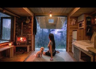  Camping In Heavy Rain With My Dog Wood Stove Truck Cabin Sound Or Rain ASMR