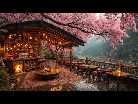 Cozy Rainy Spring Riverside Coffee Shop Under Cherry Blossoms Jazz Playlist For Deep Focus Relax