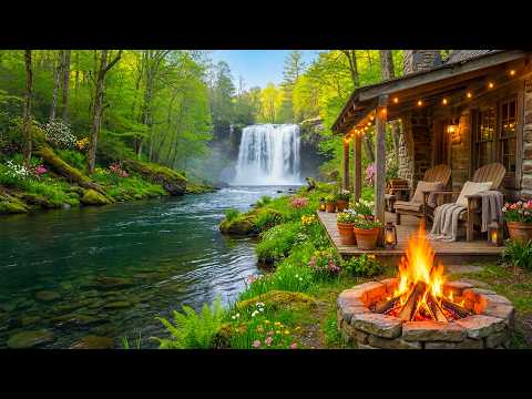 Serene Waterfall Cabin Ambience Crackling Fire Flowing River Deep Relaxation Sounds