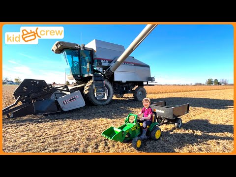 Harvesting Crops With Kids Power Wheel Tractor Real Combine Harvester Farm Educational Kid Crew