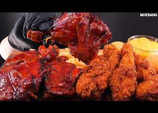ASMR MUKBANG دجاج BBQ حار دجاج مقلي حار ومقرمش أكل