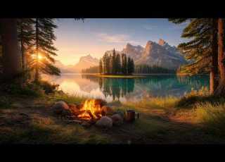  4K Peaceful Mountain Lake Morning With Campfire And Mirror Reflections
