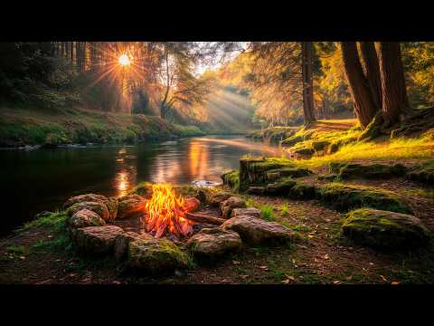Campfire By The River At Golden Sunrise Forest Birds Flowing Water Ambience
