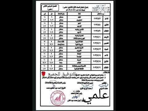 جدول امتحانات الصف الاول الثانوي الازهري الفصل الدراسي الثاني علمي