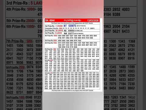 TODAY KERALA LOTTERY RESULT 13 3 2026 SUVARNA KERALAM SK 44 Keralalottery Lottery Lotteryresult