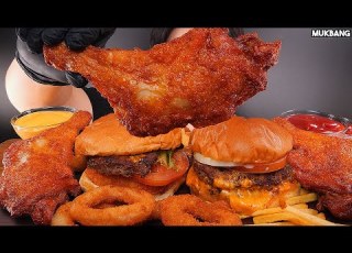 ASMR MUKBANG Burgers Fried Chicken EATING 프랭크버거 햄버거 통다리 치킨 소스 퐁당 먹방