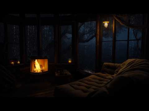 Relaxing Rain And Fireplace In A Wooden Cabin On Peaceful Night Ambience Rain Sounds For Sleep