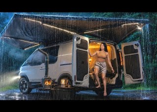 Кемпинг под сильным дождём с маркизой 270 Kia PV5 Cargo Van Life Автокемпинг