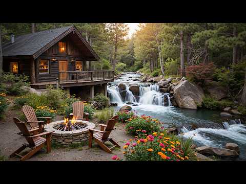 Soothing Piano Music Riverside Porch With Waterfall Crackling Campfire Nature Sounds Ambience