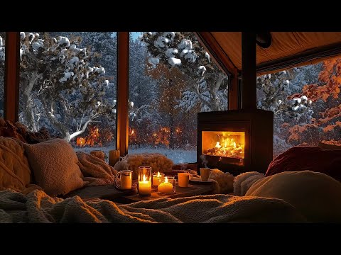 Relaxing Winter Snowfall With Soft Jazz Music On Cozy Cabin Ambience Fireplace Sounds For Unwind