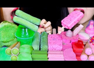 ASMR PINK GREEN DESSERTS ICE CREAM BARS MOCHI JELLY MACARON KITKAT BUBBLY CHOCOLATE CONES 먹방