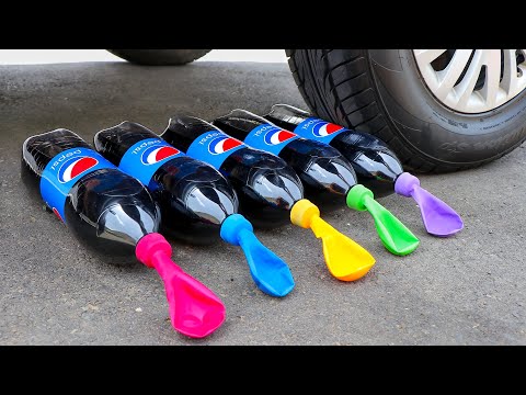 Aplastando Cosas Crujientes Con El Coche Experimento Pepsi Con Globos VS Rueda De Coche