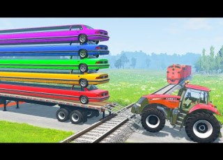  Five Limousine Long Cars Flatbed Trailer Tractor Truck Car Rescue Cars Vs Train And Rails BeamNG