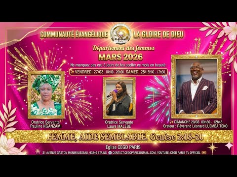 3 JOURS DE SEMINAIRES FEMME AIDE SEMBLABLE Pasteur Léonard Luemba Teko 29 03 2026