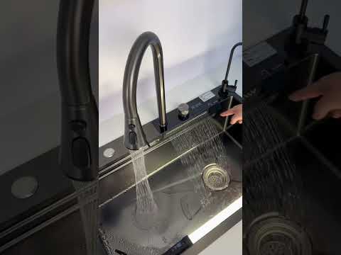 RHINE Workstation Kitchen Sink Kit With Waterfall Faucet Digital Temperature Display SKS2304