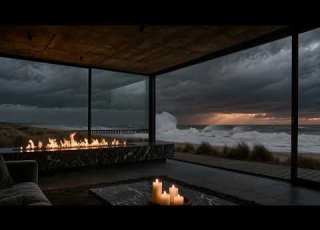 Stormy Ocean Fireplace Ambience Cozy Modern Beach House Crashing Waves