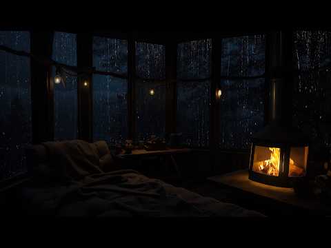 Peaceful Rainfall And Fireplace In A Forest Cabin Cozy Ambience For Sleep And Calm