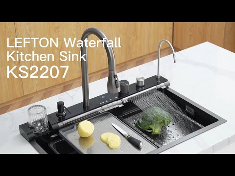 Lefton Adjustable Waterfall Faucet Kitchen Sink With Digital Temperature Display Lighting KS2207