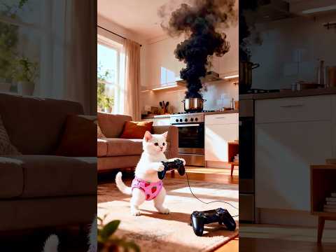 القط مياو بيلعب بلايستيشن ونسى الأكل على النار النهاية صادمة Shorts Cat Ai Funny