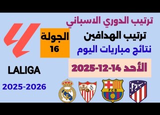  ترتيب الدوري الاسباني وترتيب الهدافين الجولة 16 الأحد 14 12 2025