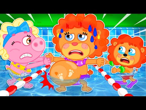 Petit Lion Maman Enceinte Dans La Piscine Dessin Animé Pour Enfants
