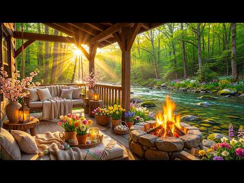 Cozy Easter Cabin Porch In Blooming Forest Fire Pit Flowing River Calm Nature Sounds