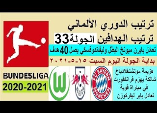 ترتيب الدوري الالماني وترتيب الهدافين السبت 15 5 2021 الجولة 33 تعادل بايرن ميونخ بطل الدوري