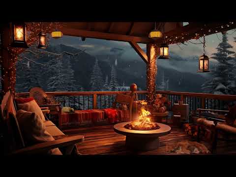 Winter Cozy Porch In Mountains With Peaceful Piano Music Bonfire Snow Falling Blizzard Sounds