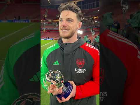 DECLAN RICE REACTS TO WINNING PLAYER OF THE MATCH VERSUS REAL MADRID AFTER 3 0 CHAMPIONS LEAGUE WIN