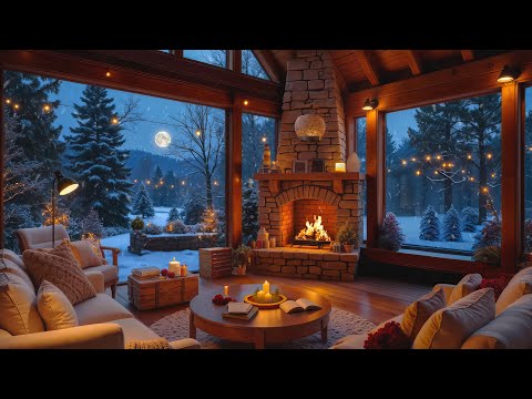 Cozy Winter Atmosphere Warm Fireplace With Soothing Piano Music Snowy Winter Atmosphere