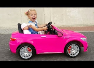 Little Girl Elis Ride On Pink Mercedes Benz AMG 12V Power Wheel With Baby Doll And Thomas BMW