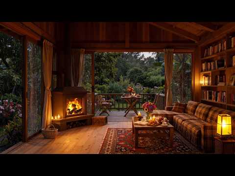 Soothing Jazz Crackling Fireplace In Cozy Cabin Retreat Rainfall Garden View For Relaxation