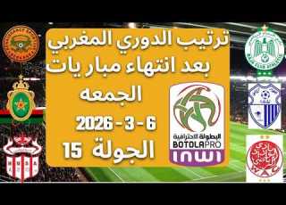 ترتيب الدوري المغربي اليوم بعد انتهاء مباريات الجمعه 6 3 2026 الجولة 15 البطولة الوطنية المغربية